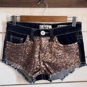 Daytrip Capricorn High Rise denim shorts with rose gold sequins size 25